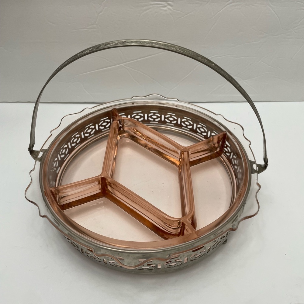 Vintage pink depression glass divided dish in silver tone holder.